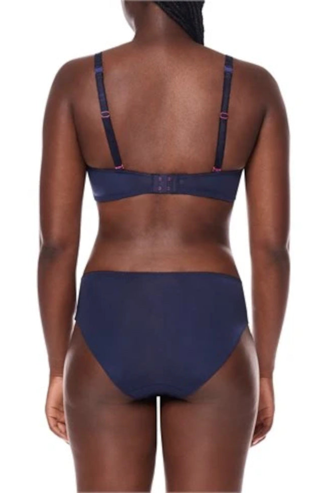Blue and magenta wire-free padded bra by Amoena in sizes 12, 14, and 16, designed for comfort and support.
