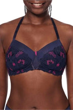 Blue and magenta wire-free padded bra by Amoena, featuring seamless cups and comfortable straps