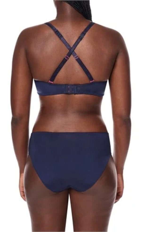 Blue and magenta wire-free padded bra by Amoena, featuring soft cups and adjustable straps