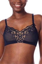 Kyra Wirefree Bra by Amoena in dark blue and sand, featuring soft fabric and a comfortable design, available in AA cup sizes
