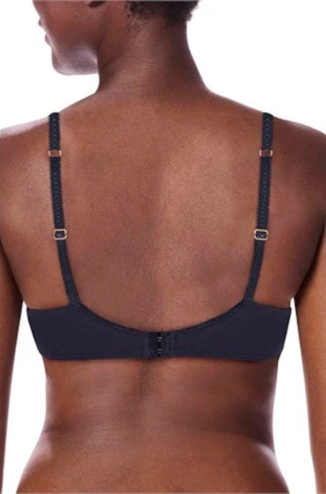 Dark blue and sand Kyra Bra, wirefree design, by Amoena, available in size 12, 14, and 16, AA cup.