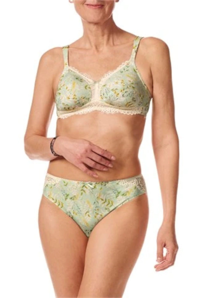Mint floral wire-free mastectomy bra with soft cups and pockets by Amoena