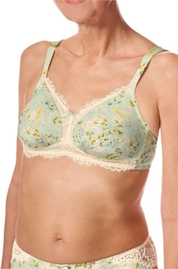 Amoena Kalina wire-free mastectomy bra in mint floral with soft cups and pockets, designed for comfort and support.