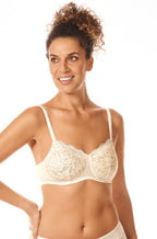 White and sand padded non-wired bra by Amoena with soft contouring design, available in A cup sizes 10-14