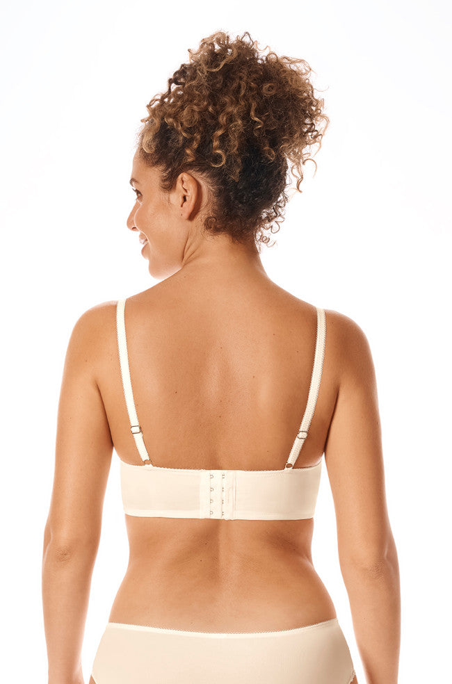 White and sand padded non-wired bra with soft cups and seamless design by Amoena