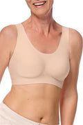 Nude Linda crop top bra by Amoena, available in size L, showcasing soft fabric and supportive design for comfortable wear.