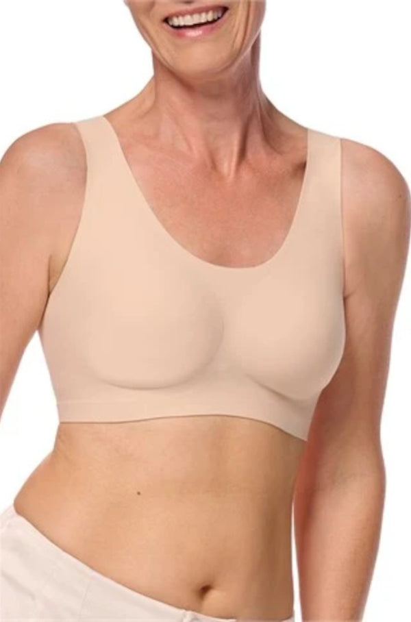 Nude Linda crop top bra by Amoena, available in size L, showcasing soft fabric and supportive design for comfortable wear.