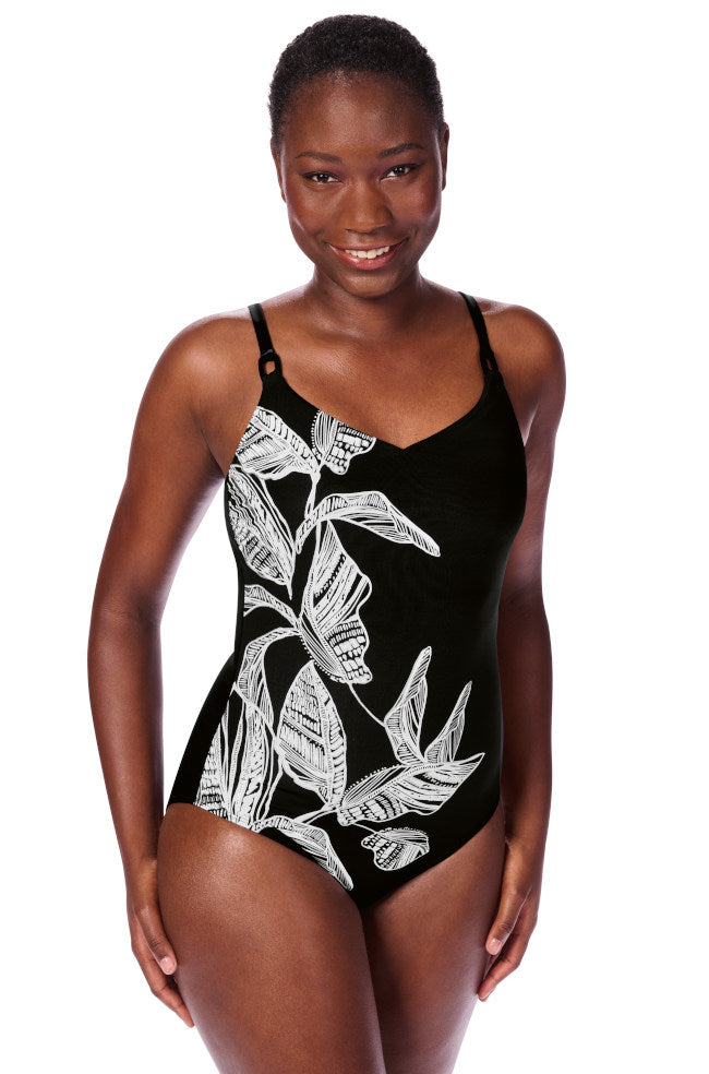 Black and white one piece swimsuit by Amoena, available in size 10, designed for mastectomy swimwear.