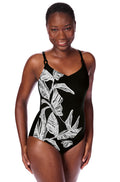 Black and white one piece swimsuit by Amoena, available in size 10, designed for mastectomy swimwear.