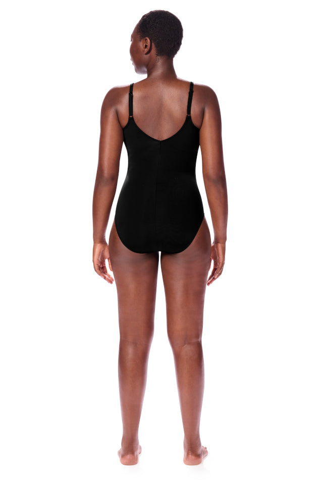 Amoena Lanzarote black and white one-piece swimsuit, size 10, with adjustable straps for mastectomy wear.