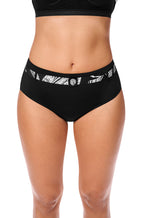 Black and white Lanzarote swim briefs by Amoena, available in sizes 14 and 20 for mastectomy swimwear.