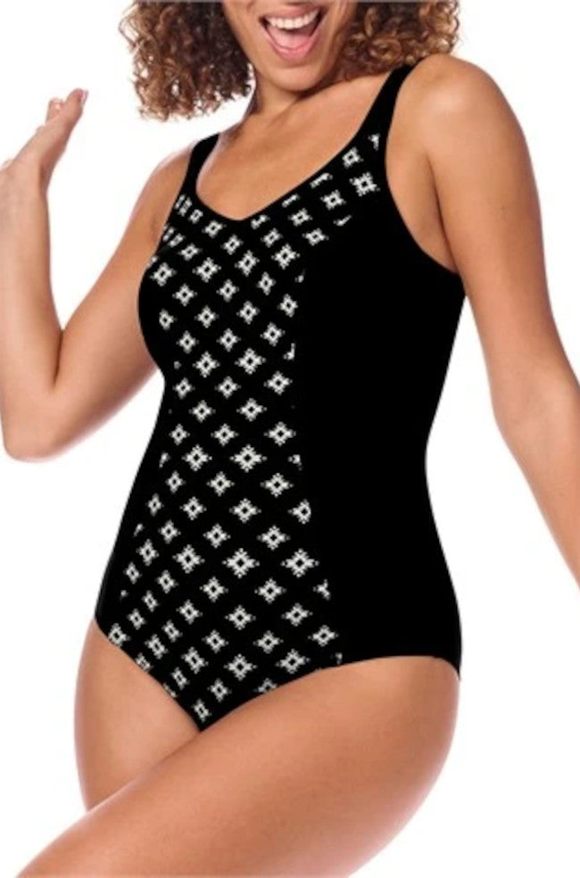 Black off-white recycled mastectomy swimsuit by Amoena with adjustable straps and bilateral pockets