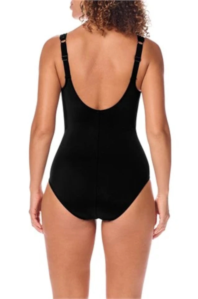 Amoena Palermo black and white recycled mastectomy swimsuit with adjustable straps and bilateral pockets