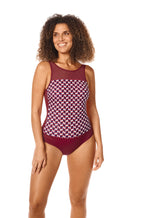 Burgundy high neck mastectomy swimsuit with adjustable straps and bilateral pockets by Amoena, UV 50+, available in sizes 18