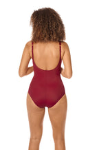 Burgundy high neck mastectomy swimsuit with adjustable straps and bilateral pockets, sizes 18 and 24, by Amoena