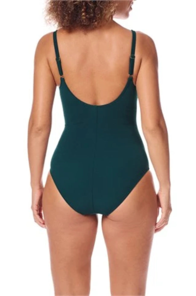 Dark green Amoena Chile one-piece mastectomy swimsuit with adjustable straps and bilateral pockets, UV50+, size 8