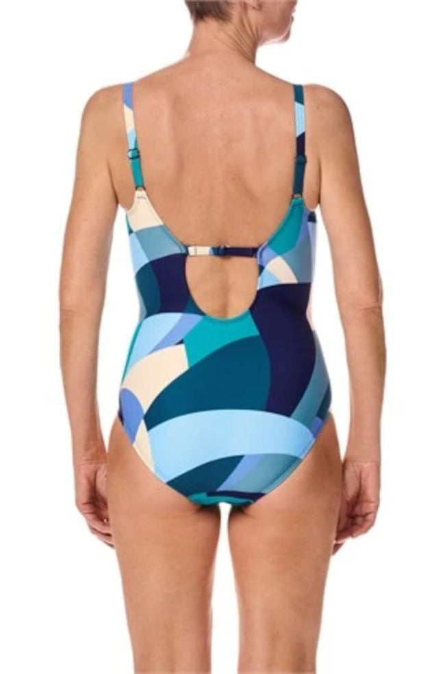 Jade multi-color swimsuit by Amoena, chlorine resistant, featuring a stylish design, available in sizes 10, 12, and 14.