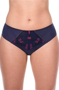 Blue and magenta embroidered microfiber briefs by Amoena, offering all-day comfort in size options 10, 12, and 14.