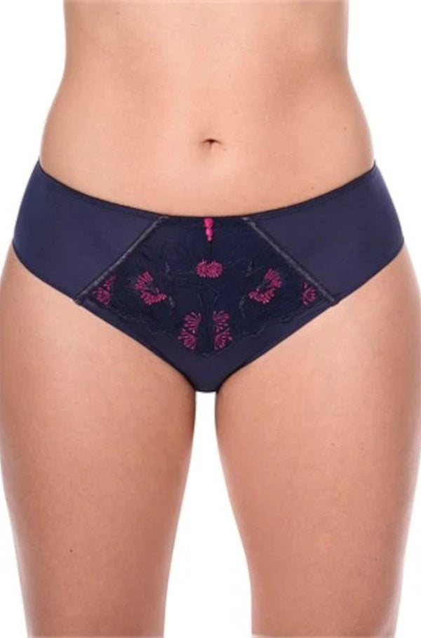 Blue and magenta embroidered microfiber briefs by Amoena, offering all-day comfort in size options 10, 12, and 14.