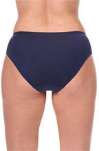 Blue and magenta embroidered microfiber briefs by Amoena, designed for all-day comfort.