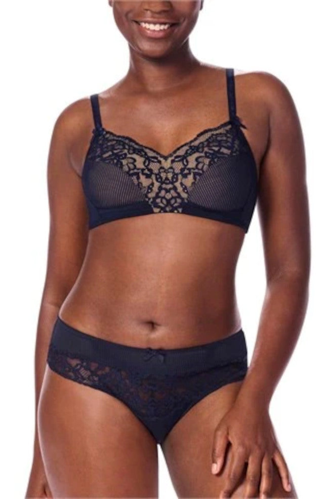 Kyra Brief in dark blue and sand, women's bikini style underwear by Amoena, available in multiple sizes.