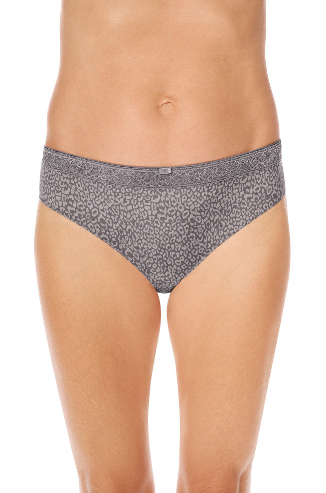 Dark grey and light grey animal print microfibre bikini briefs by Amoena, available in sizes 10, 12, and 14.