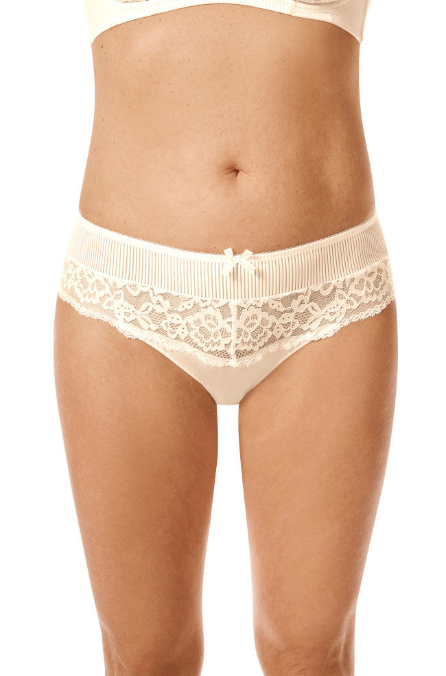 White and sand Kyra bikini brief underwear by Amoena, available in sizes 10, 12, and 14