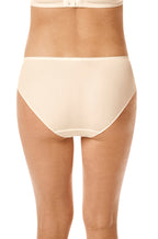 White and sand bikini brief by Amoena, soft fabric, available in sizes 10, 12, 14