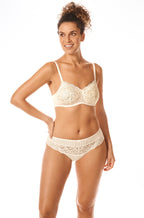 Kyra Lace Microfibre Bikini Brief in white and sand by Amoena, featuring breathable lace detailing
