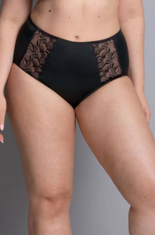 Lucia high waist brief in black and crystal, size 12, by Anita, featuring soft fabric and a comfortable fit
