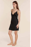 Black Satin Chemise - Recycled Polyester Lace Trim Nightgown