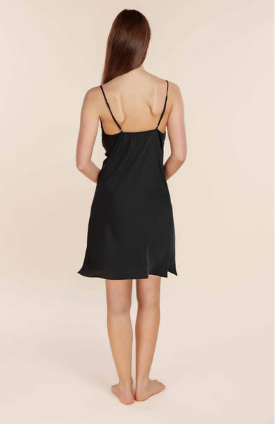 Black Satin Chemise - Recycled Polyester Lace Trim Nightgown