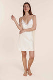 Ivory satin Azalia chemise by Ginger Lily with delicate lace trim, available in sizes S, M, and L.