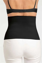 Black AMOENA belly bandage for abdominal support and compression, shown rolled out on a white background.