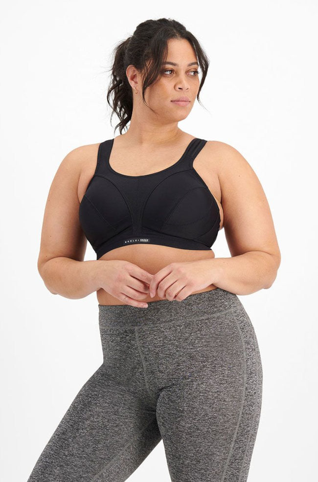 Black wirefree sports bra by Berlei with adjustable straps and breathable fabric in size D cup