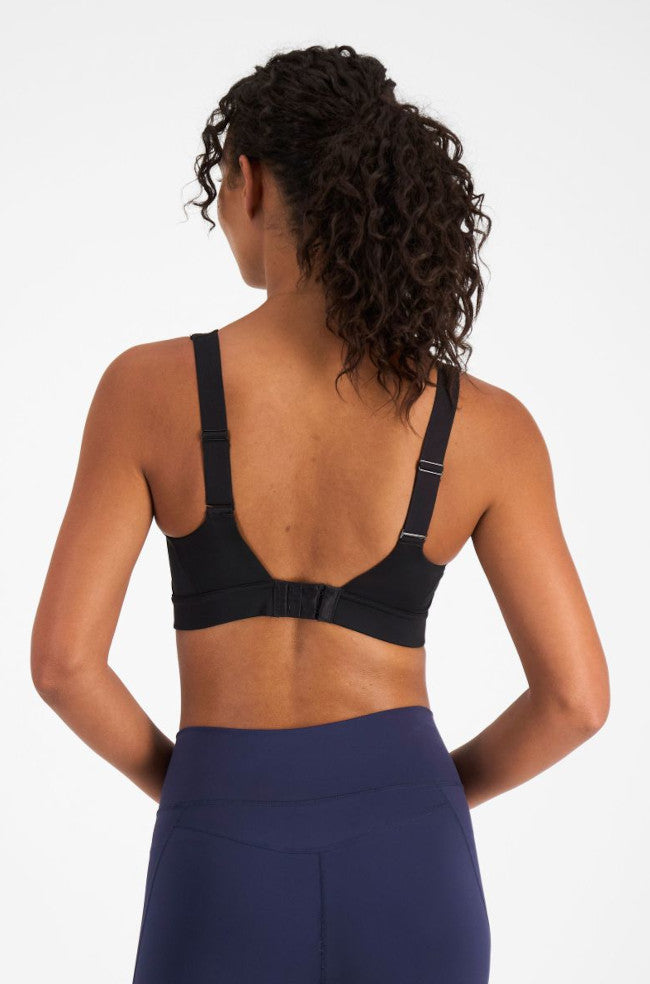 Berlei black wirefree sports bra with smooth fabric, high-impact support, available in multiple sizes
