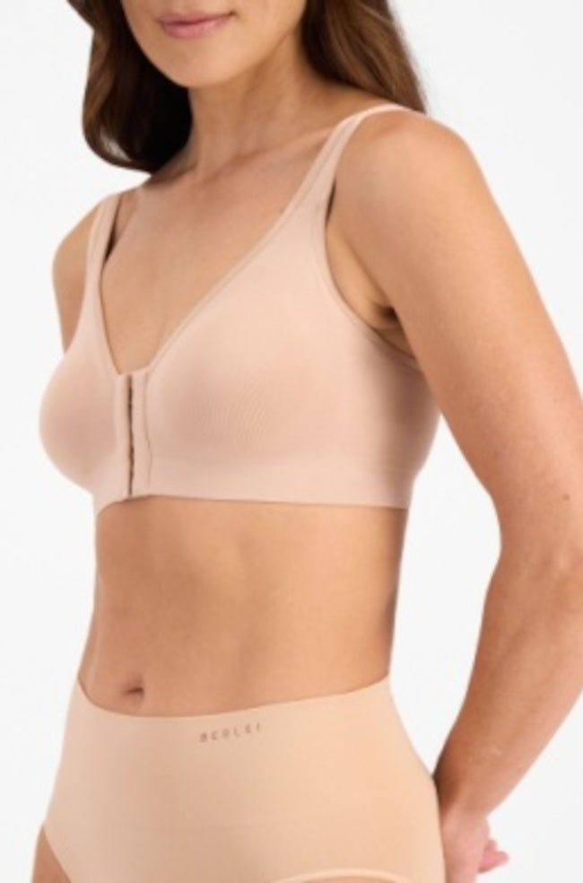 Nude bamboo post-surgery recovery bra crop top size L by Berlei, designed for breast prosthesis compatibility.