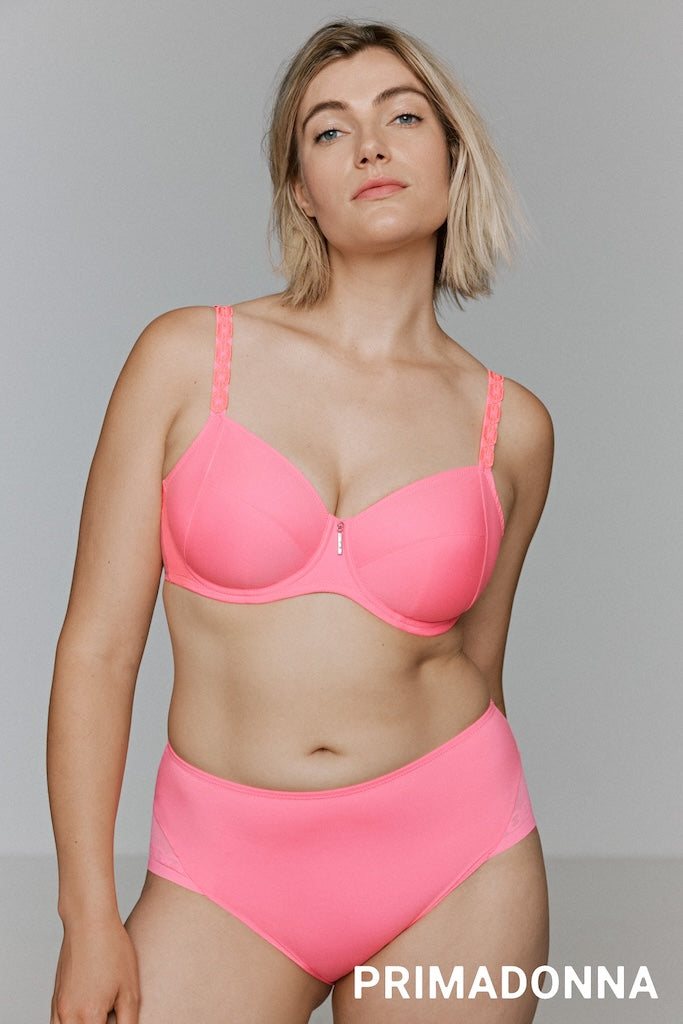 Primadonna Twist Twixie full cup bra in happy pink with lace detailing, adjustable straps, and supportive underwire.