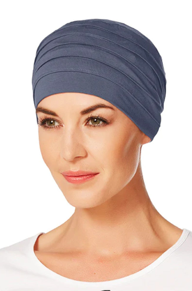 Steel blue yoga turban by CHRISTINE HEADWEAR, versatile headwear for comfort and style.