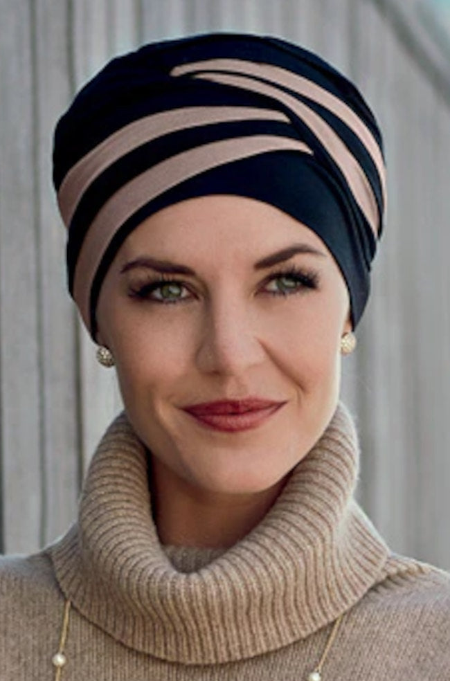 Black taupe Shanti turban hat by Christine Headwear, featuring a stylish, comfortable wrap with elegant knot detail.