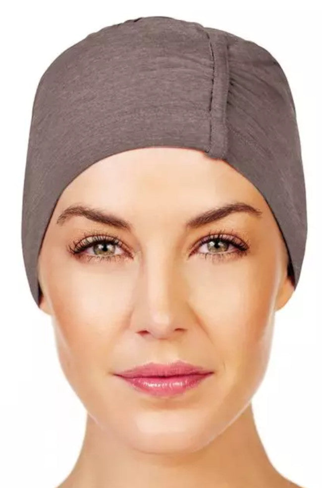 Warm brown melange bamboo night cap by Christine Headwear with breathable fabric and bridle detail.