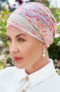 Christine Headwear Shakti Turban hat with vibrant energetic flower pattern, stylish and comfortable headwear for women.