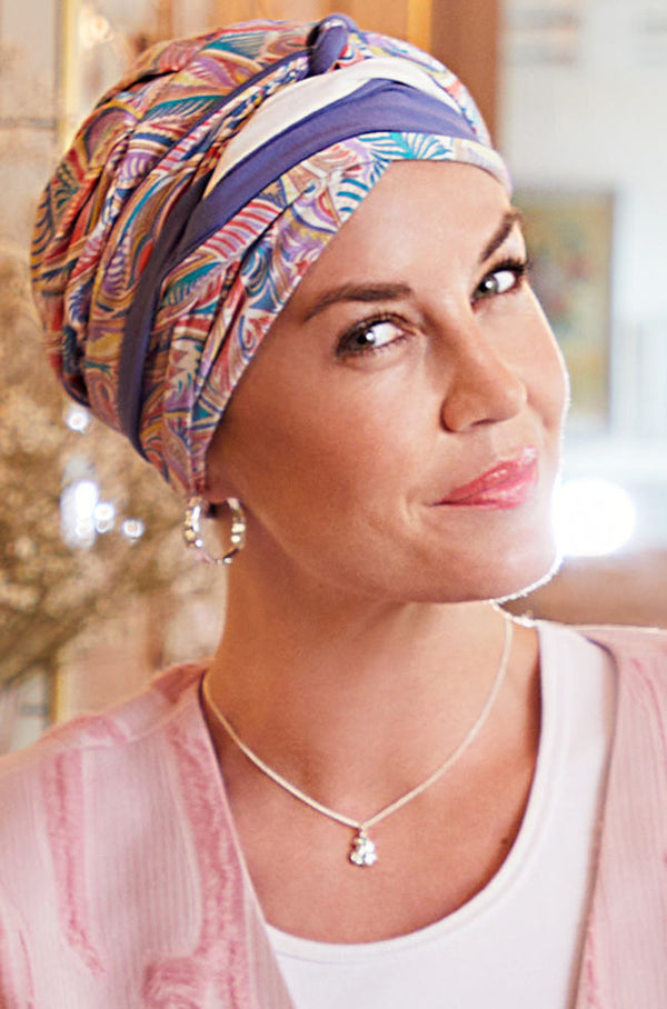 Beatrice Turban hat by Christine Headwear featuring festive ornament design, stylish headwear for holiday celebrations.