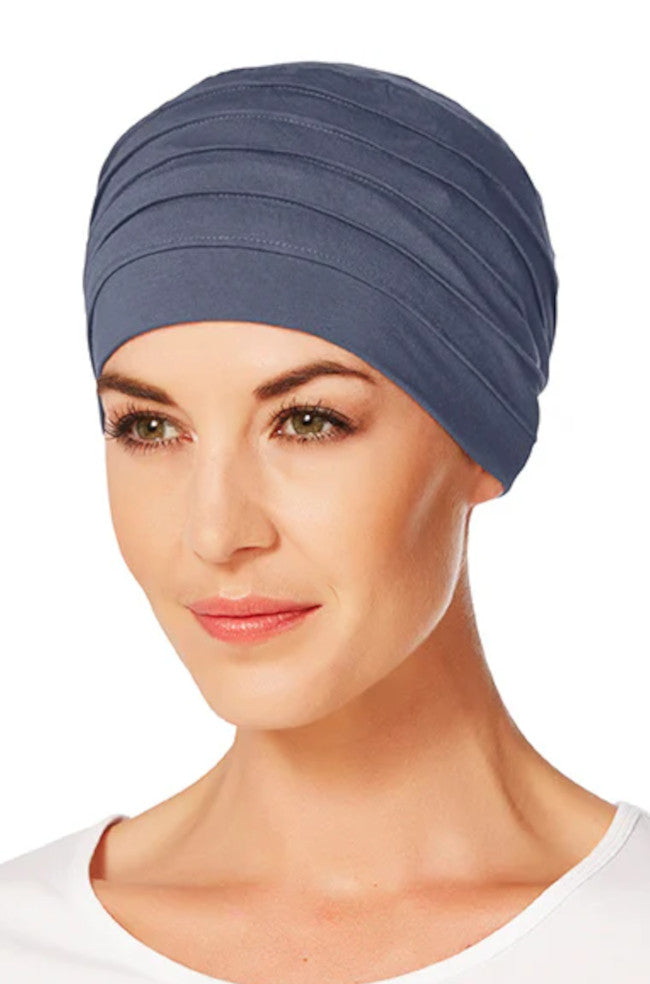 Steel blue bamboo turban by Christine Headwear, soft and ideal for hair loss