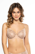Beige Gisele Tee Shirt Bra by Corin with contouring design, available in D cup sizes 10, 12, and 14