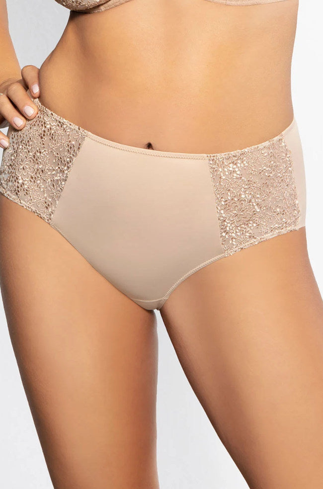 Beige laser cut bikini briefs with embroidered tulle by Corin, featuring bonded edges and available in various sizes.