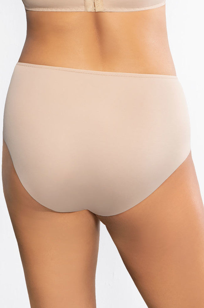 Beige lace bikini briefs with embroidered tulle by Corin, featuring a delicate laser-cut design.