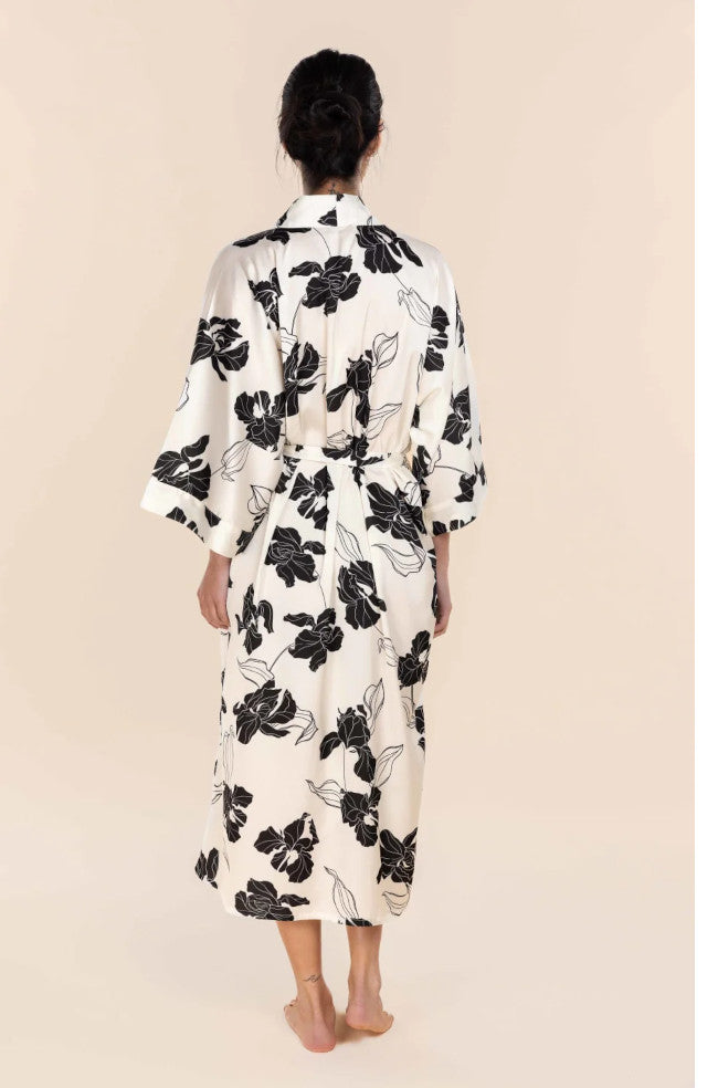 Ivory silky satin long robe in recycled polyester, adjustable waist, botanical print, by GINGER LILY