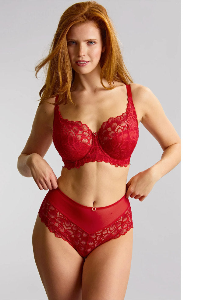 Panache Allure High Waist Lace Brief in True Red, featuring delicate lace detailing and a comfortable fit.