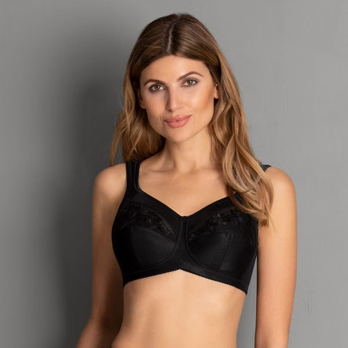 Black Safina wirefree mastectomy bra by ANITA, featuring smooth cups and comfortable fit, designed for post-mastectomy support.